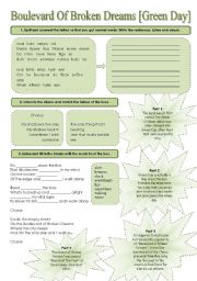 English Worksheet: SONG! Boulevard Of Broken Dreams [Green Day] - Printer-friendly version included