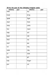 English Worksheet: list of irregular verbs practice sheet