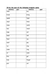 English worksheet: list of irregular verbs practice sheet