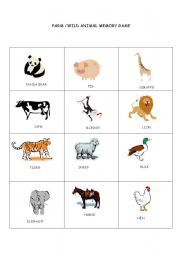 English Worksheet: Farm and Wild Animal Memory Game