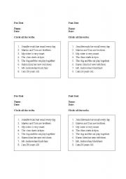 English worksheet: Identifying Verbs Pre and Post TEST