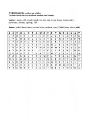 English Worksheet: Wordsearch_weather & clothes