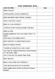 English Worksheet: Find someone who has ever...
