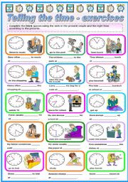 English Worksheet: TELLING THE TIME + PRESENT SIMPLE (B&W VERSION INCLUDED)