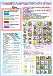 English Worksheet: COUNTABLE AND UNCOUNTABLE NOUNS- TWO PAGES (B&W VERSION INCLUDED)