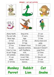 English Worksheet: Animals - a cut-out activity