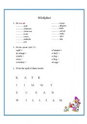 English worksheet: articles/plurals/alphabet, part 1