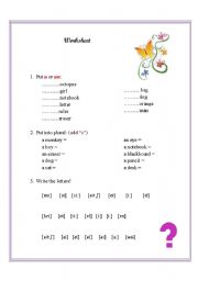 English Worksheet: articles/plural/ alphabet
