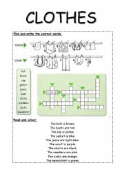 English Worksheet: CROSWORD: Clothes & Colours