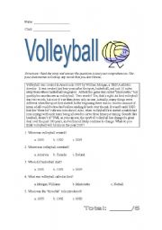 English Worksheet: Origin of Volleyball (reading comprehension)