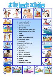 English Worksheet: AT THE BEACH 2 activities we do