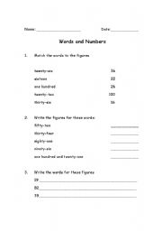 English worksheet: Words and Numbers