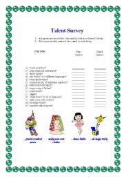 English Worksheet: TALENT SURVEY