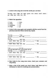 English worksheet: Hello, Goodbye Song Activity