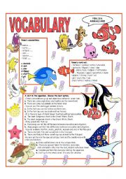 English Worksheet: RECYCLING VOCABULARY - TOPIC: FISH - SEA ANIMALS AND REPTILES. Elementary and up