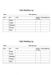 English Worksheet: reading  log