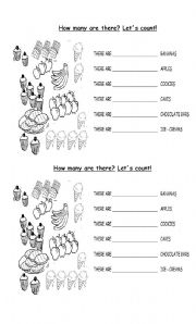 English Worksheet: How many are there? Lets count and complete!