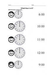 English worksheet: Teaching Time - What hour is it?