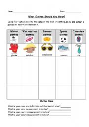 English worksheet: What Clothes Should You Wear??
