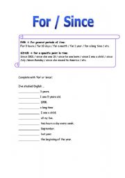 English Worksheet: FOR OR SINCE