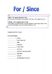 English worksheet: FOR OR SINCE