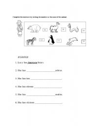 English worksheet: practicing numbers and vocabulary about animals