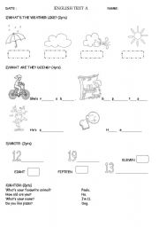 English Worksheet: easy tests A & B- Weather, present cont, numbers 1-20, personal quest
