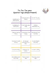 English Worksheet: Tic-Tac-Toe game: Question-tags (Simple Present)