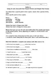 English worksheet: for /since