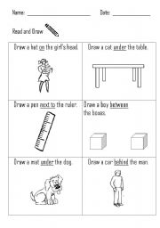 English Worksheet: Prepositions - Read and Draw