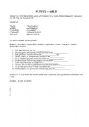 English Worksheet: SUFFIX - ABLE