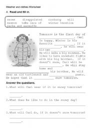 English Worksheet: Weather clother reading fill in