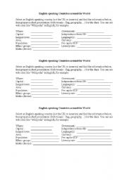 English worksheet: Webquest on English-speaking countries for oral presentations