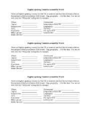 English Worksheet: Webquest on English-speaking countries for oral presentations