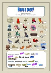 English Worksheet: Chairs, chairs, chairs: a vocabulary worksheet suitable for most levels and ages