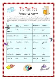 English Worksheet: QUANTITIES AND PORTIONS Tic Tac Toe