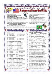 English Worksheet: Worksheet: Prepositions, Connectors, Question words, Feelings,...