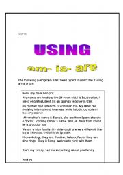 English Worksheet: using am is or are