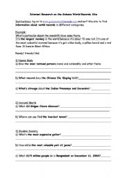 Guiness World Records Internet research worksheet 