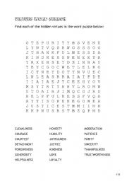 English Worksheet: Virtues Word Search