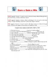 English Worksheet: EARN, GAIN OR WIN?