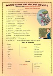 English Worksheet: Relative clauses with who, that and which.