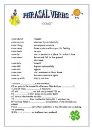 English worksheet: phrasal verbs with come