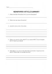 English worksheet: Newspaper Article Summary Sheet