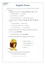English worksheet: Englsih exam: Subject, object , possessive pronouns, possessive adjectives, physical appearance and more
