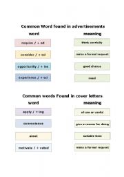 English worksheet: common words in advertisements for jobs and common words in cover letters