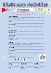 English Worksheet: DICTIONARY ACTIVITIES - exercises (2 pages)