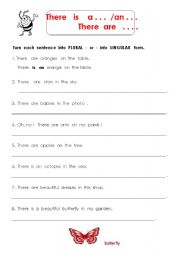 English Worksheet: THERE  IS/ARE    +    A / AN