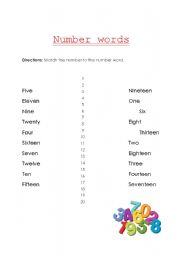 English worksheet: Number words