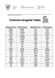 English worksheet: Common irregular verbs